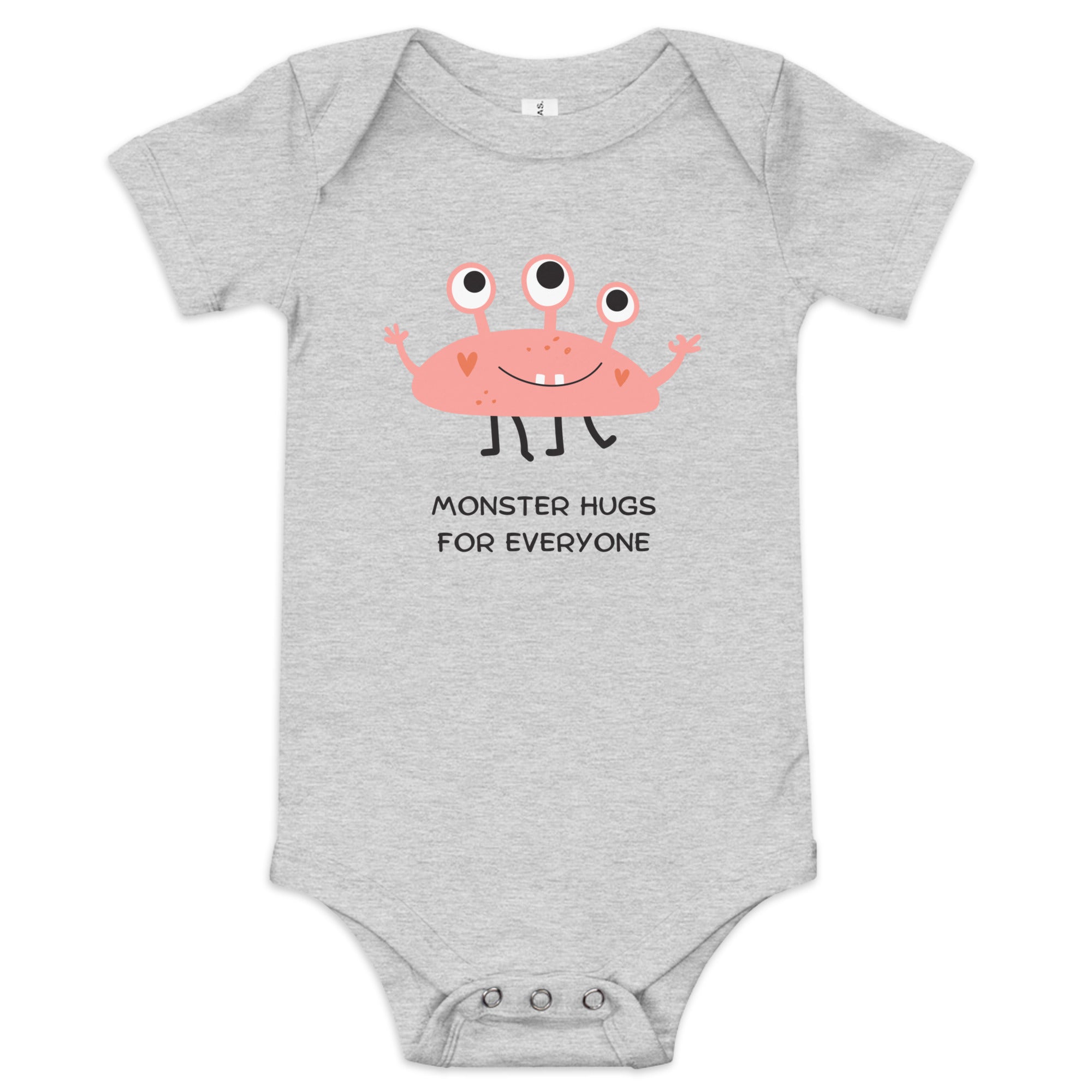 Heather Columbia Blue Baby Short Sleeve One-Piece with "Monster Hugs for Everyone" Design