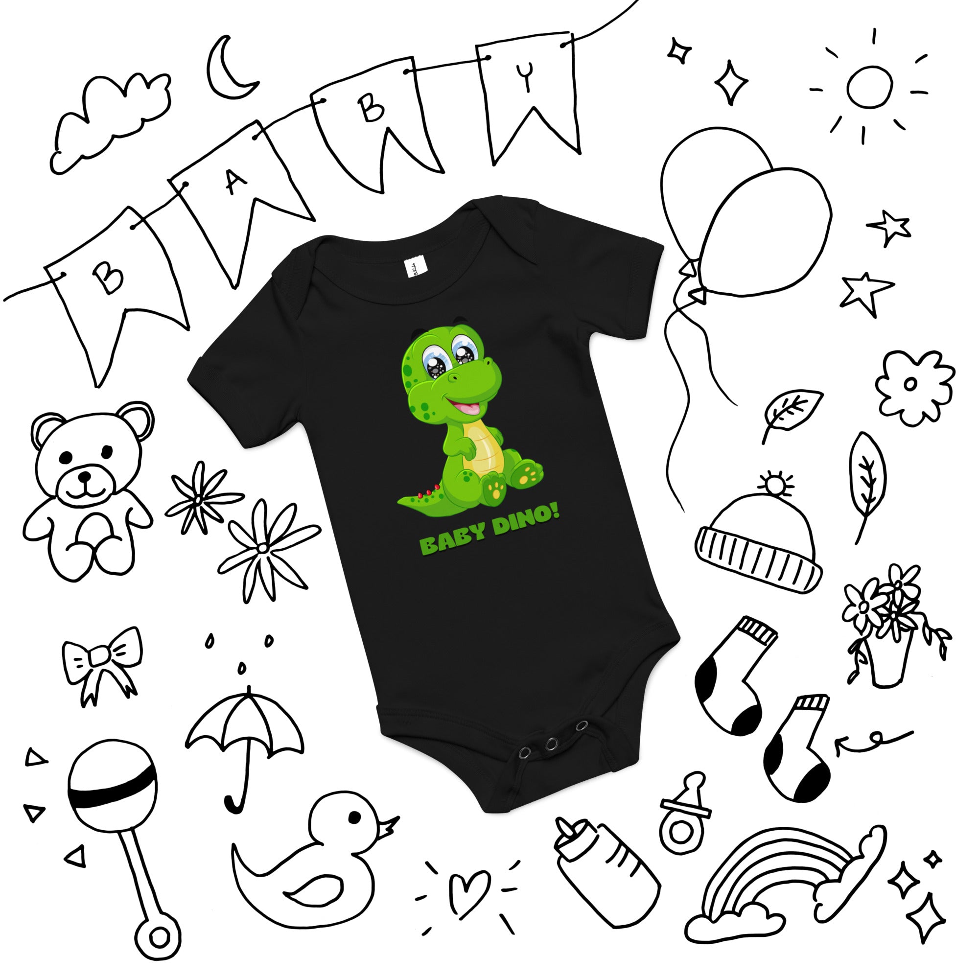 Black Baby Short Sleeve One-Piece with "Baby Dino!" Design