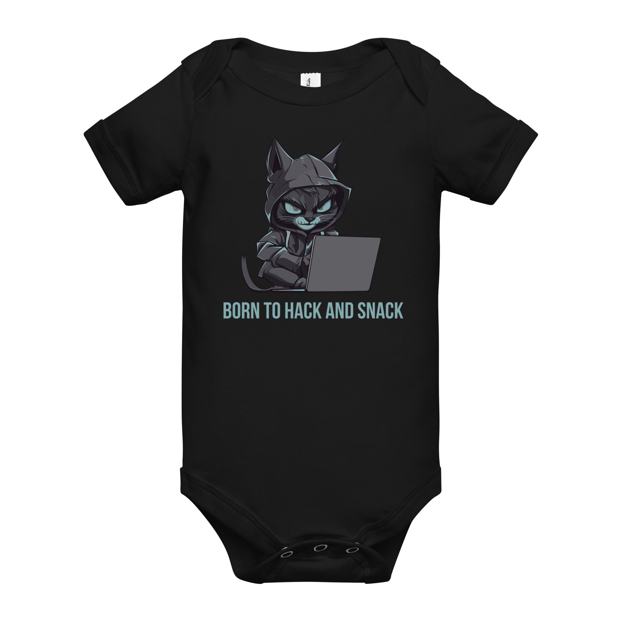 100% Cotton Black Baby T-Shirt with "Hacker in Diapers" Design