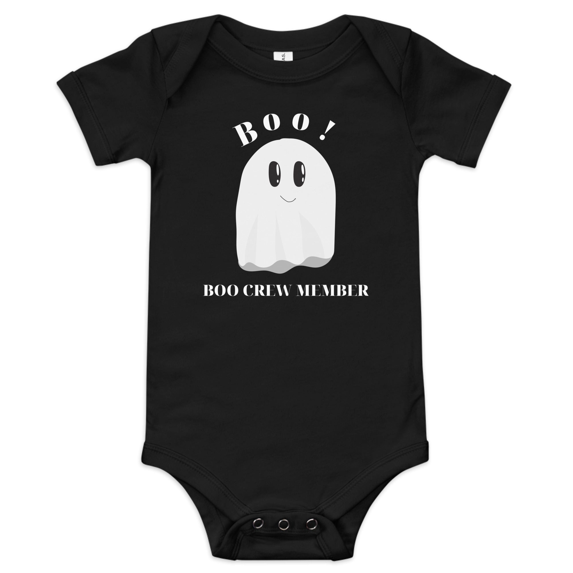 100% Cotton Black Baby Short Sleeve One-Piece with "Boo Crew Member" Design