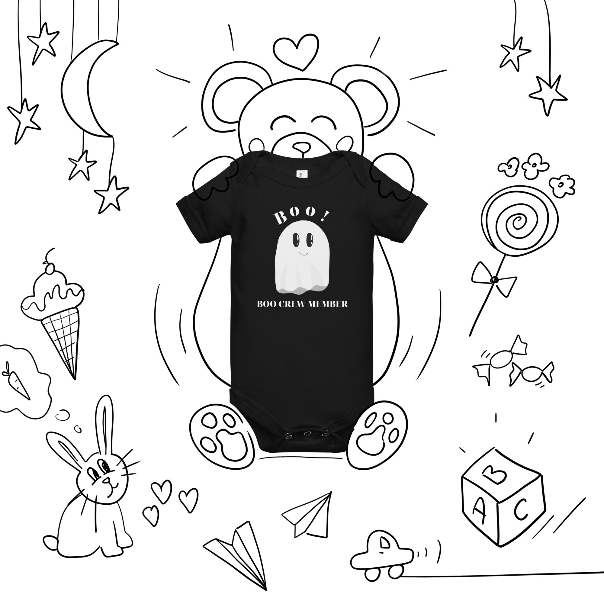 100% Cotton Black Baby Short Sleeve One-Piece with "Boo Crew Member" Design