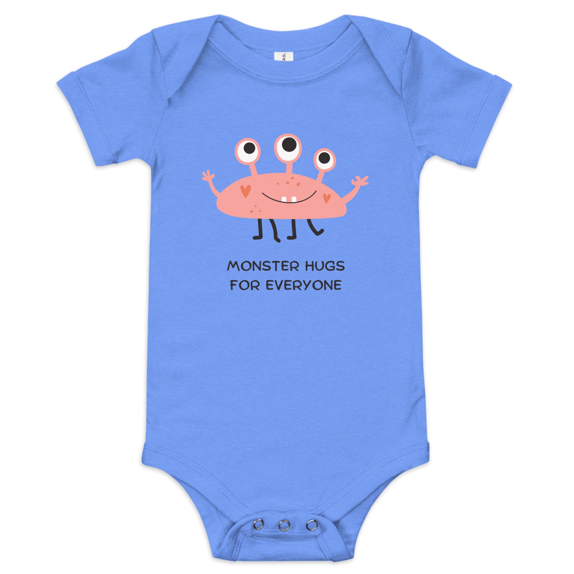 Heather Columbia Blue Baby Short Sleeve One-Piece with "Monster Hugs for Everyone" Design