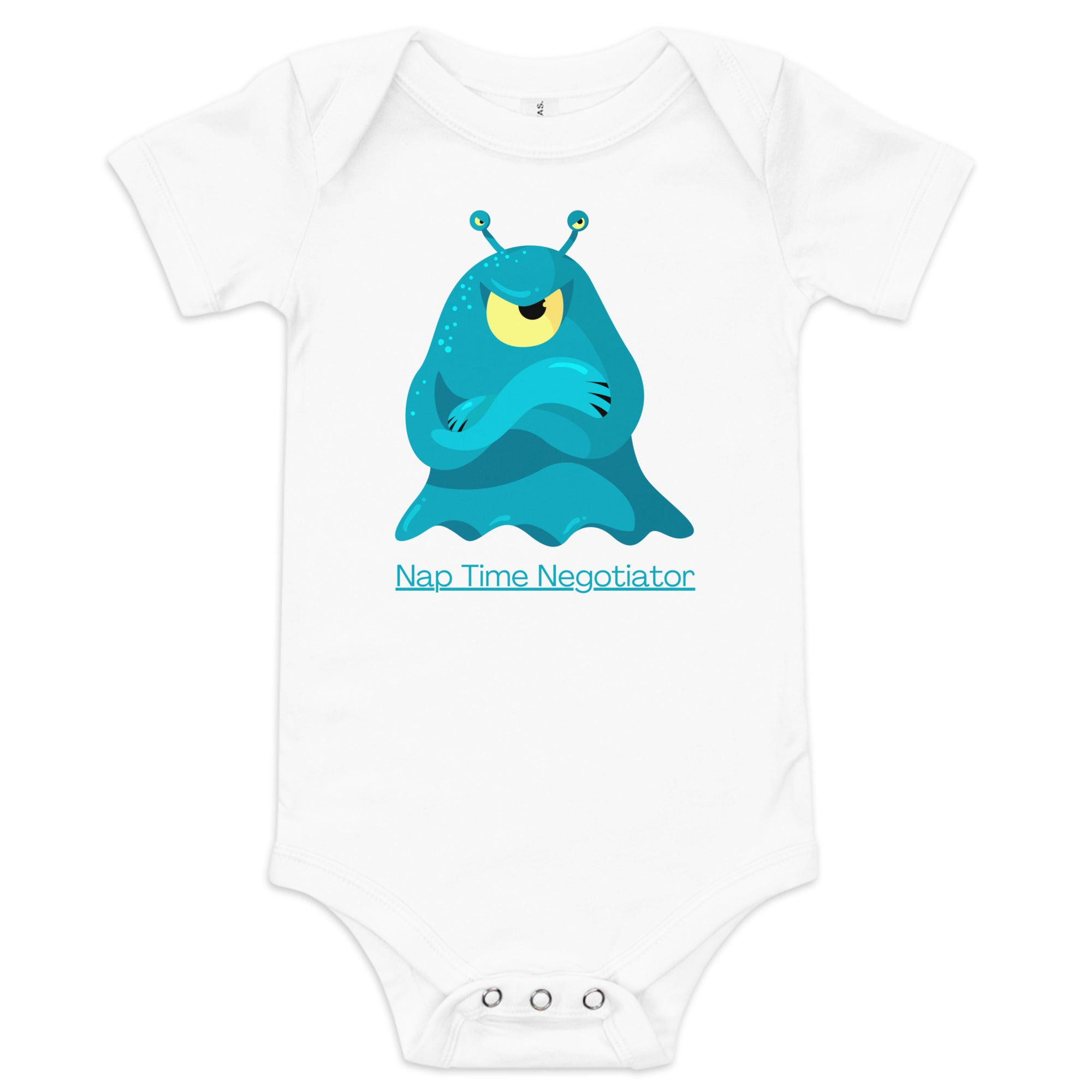 100% Cotton White Baby Short Sleeve One-Piece with "Nap Time Negotiator" Design