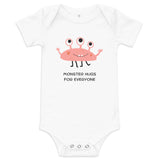 Heather Columbia Blue Baby Short Sleeve One-Piece with "Monster Hugs for Everyone" Design