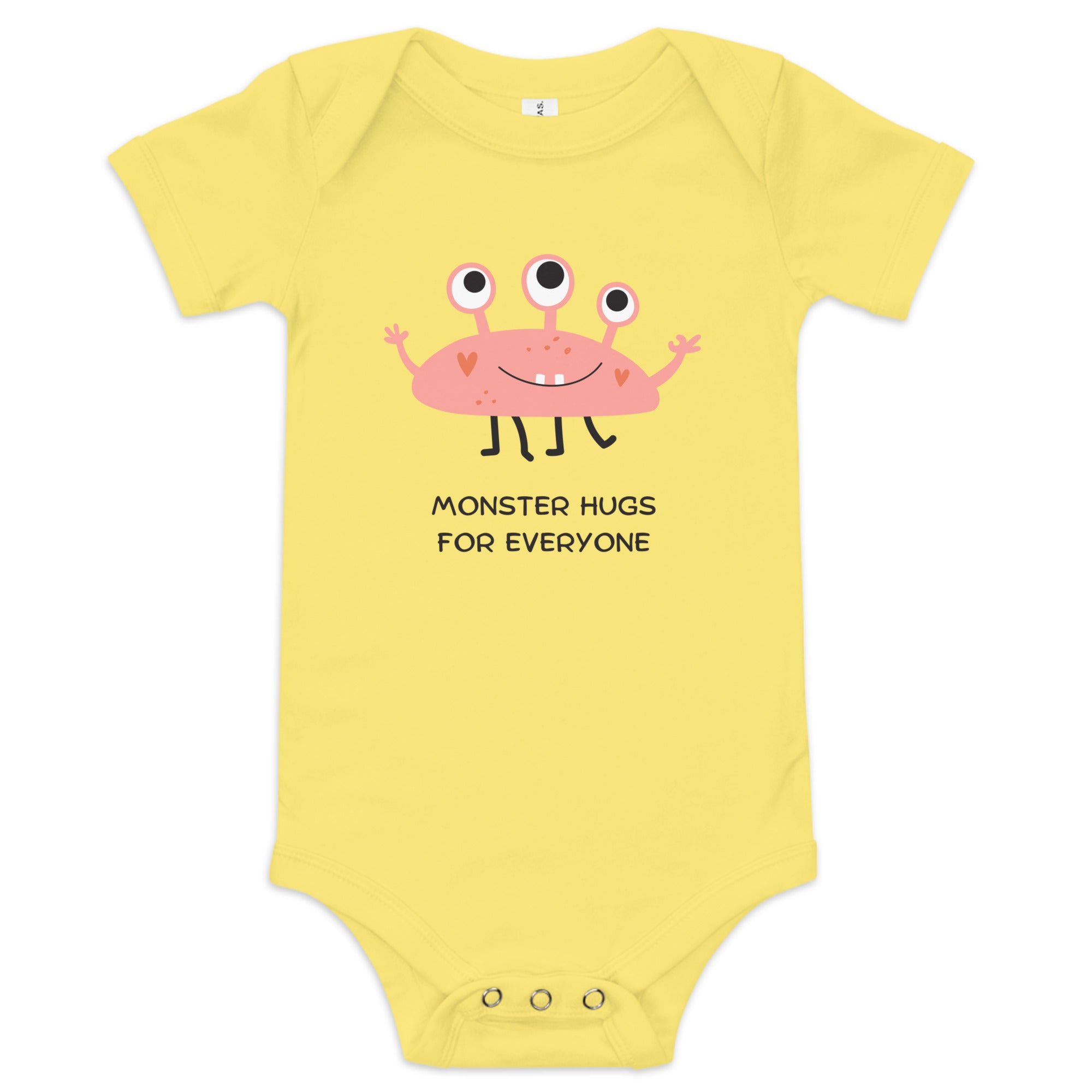 Heather Columbia Blue Baby Short Sleeve One-Piece with "Monster Hugs for Everyone" Design