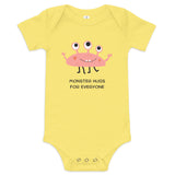 Heather Columbia Blue Baby Short Sleeve One-Piece with "Monster Hugs for Everyone" Design