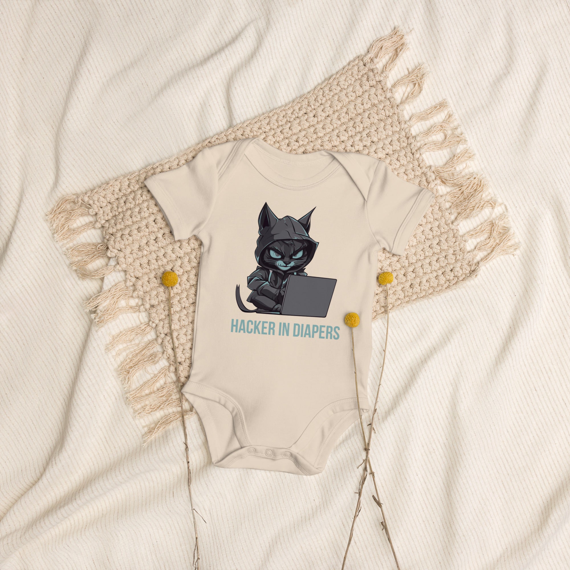 Organic Cotton Baby Bodysuit with "Hacker in Diapers" Design