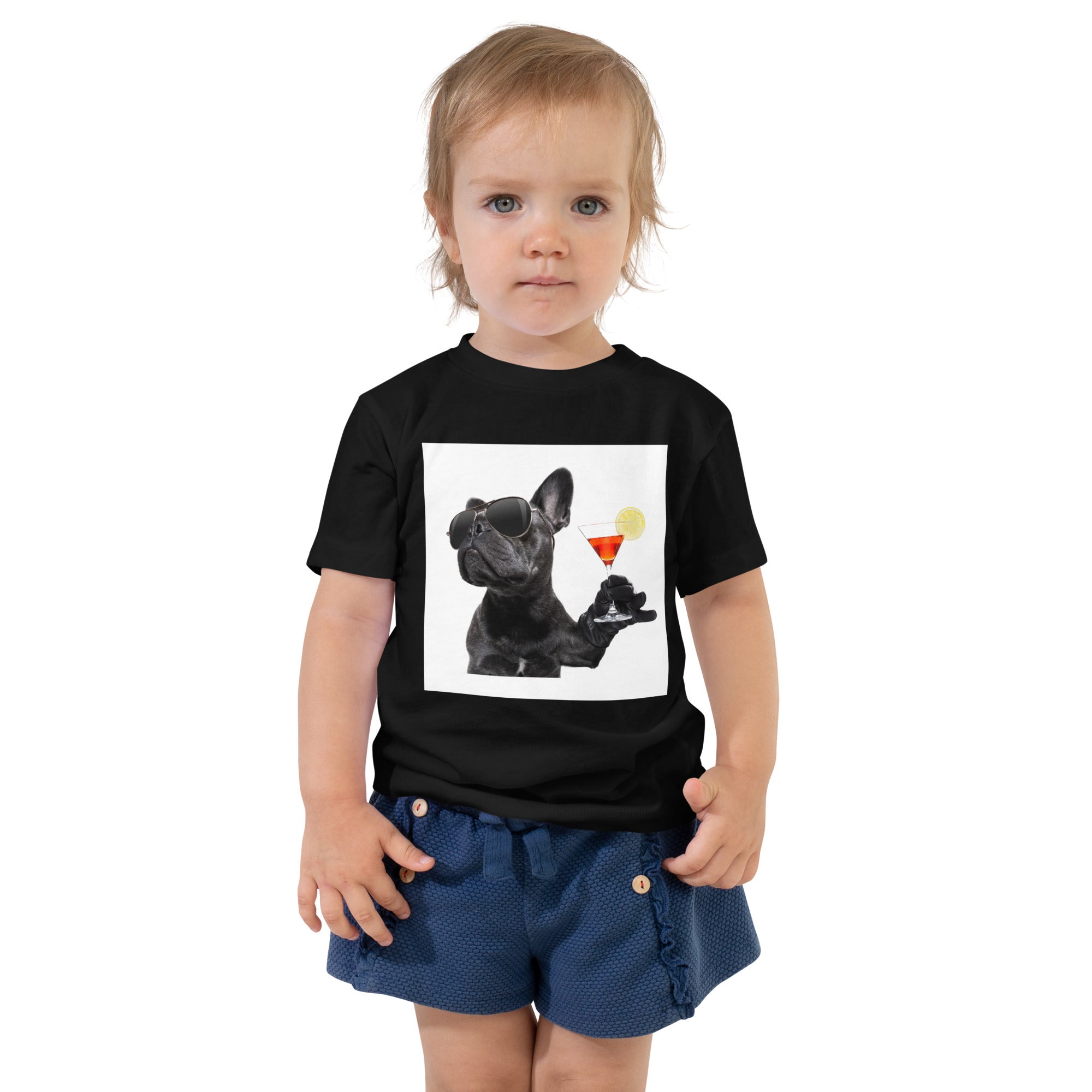 Kids' T-Shirt with "Bulldog with Sunglasses and Drink" Design